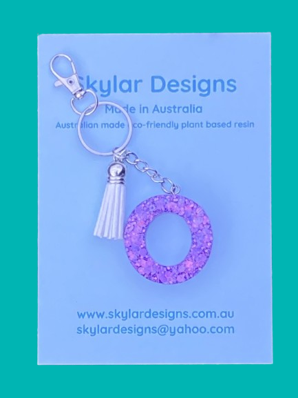 Resin alphabet key ring in Purple glitter