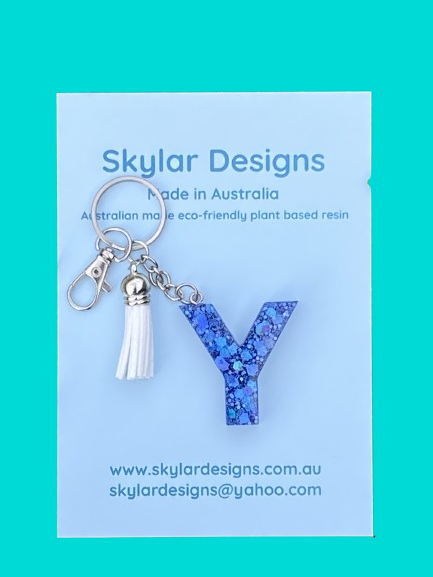 Resin alphabet key ring in Blue glitter