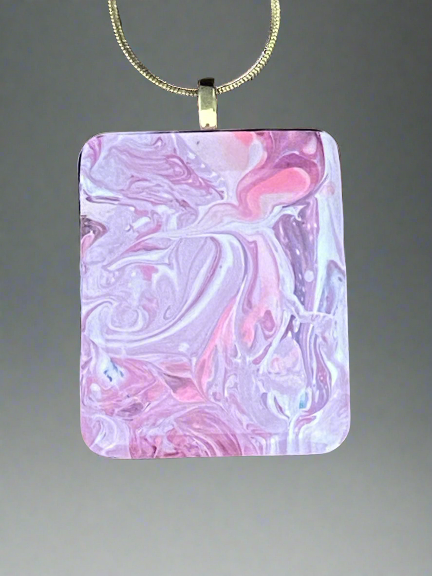 Fluid art necklace - large rectangle Pink