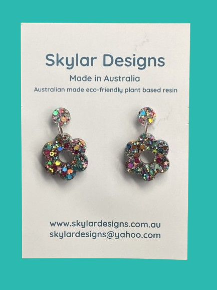 Rainbow colour resin glitter dangle flower shape