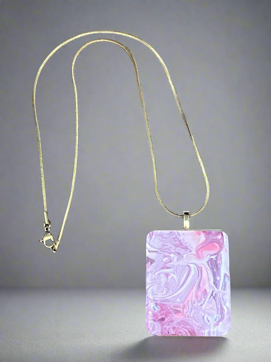 Fluid art necklace - large rectangle Pink