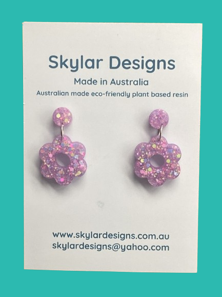 lilac colour resin glitter dangle flower shape